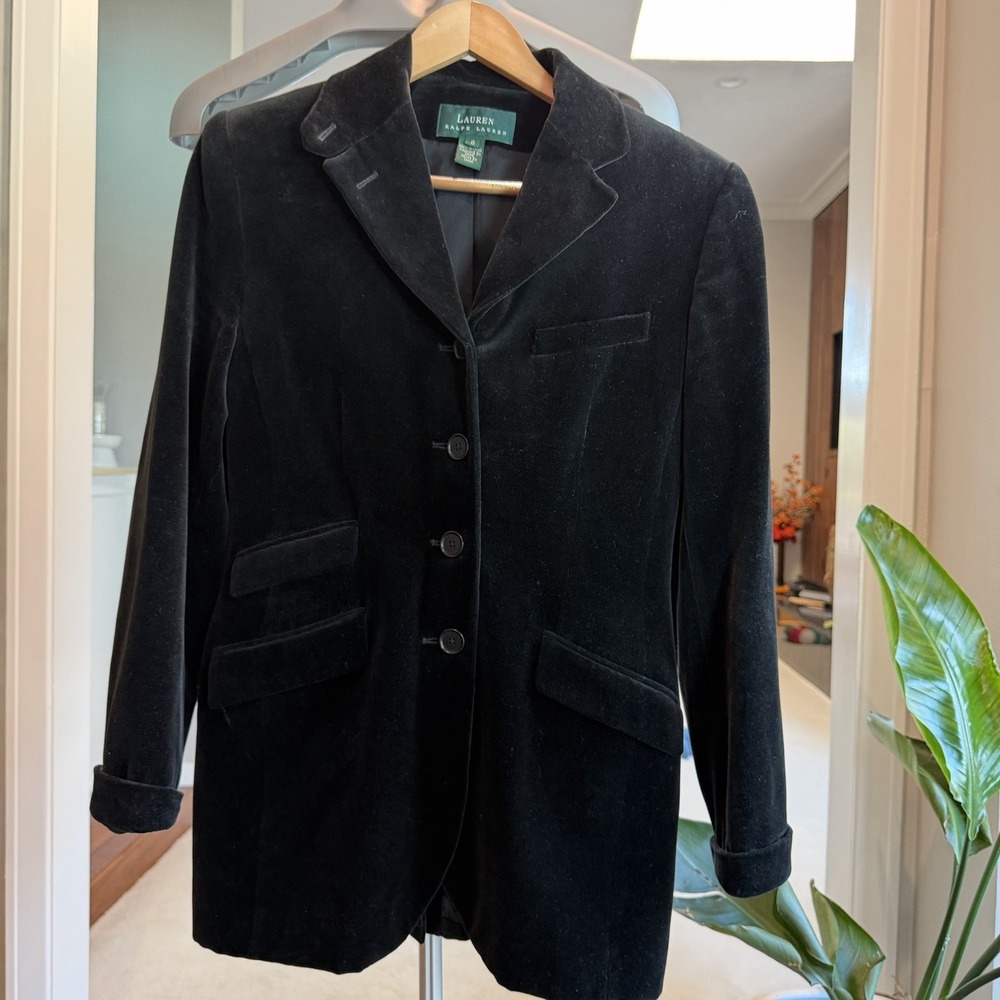 Lauren Ralph Lauren Black Velvet Blazer 8 Single-Breasted 4-Button Lined